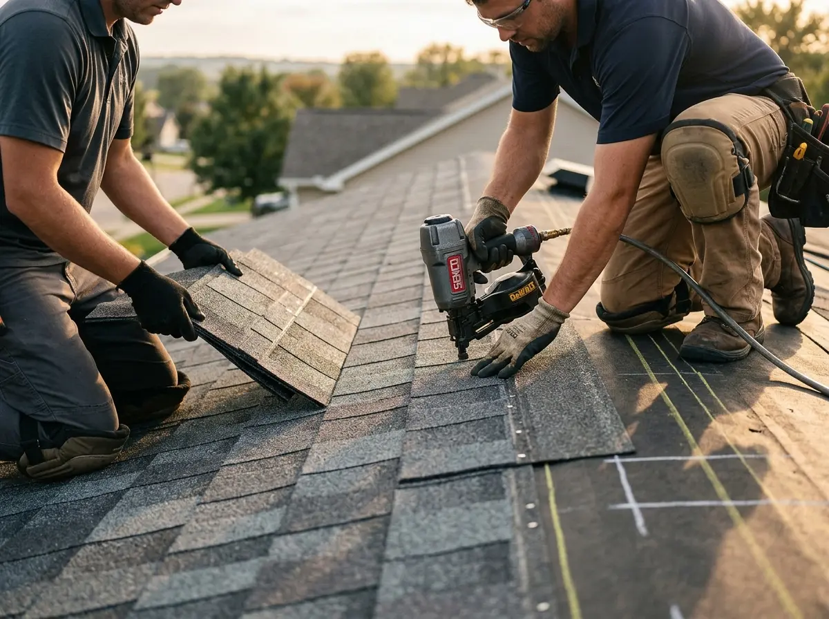 Professional roofer working on a residential roof in Primera